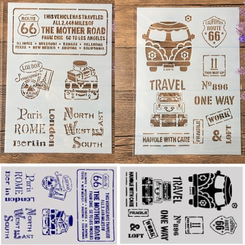 2Pcs/Lot A4 Bus Route 66 Label DIY Craft Layering Stencils Painting Scrapbooking Stamping Embossing Album Paper Template