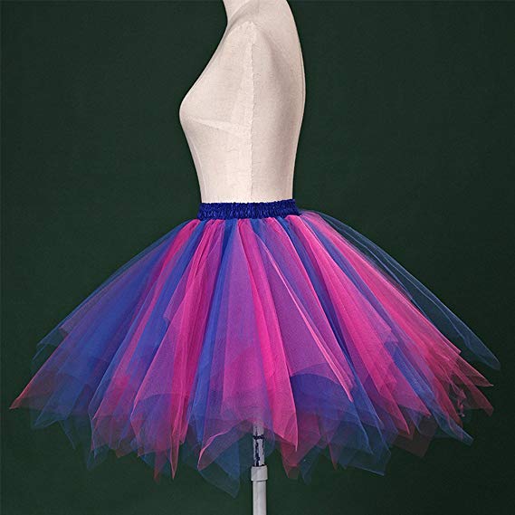 Short Petticoat Tulle Skirts Womens Elastic Stretchy Layers Summer Adult Tutu Skirt Swing Rockabilly Underskirt: Hot pink-Royal blue
