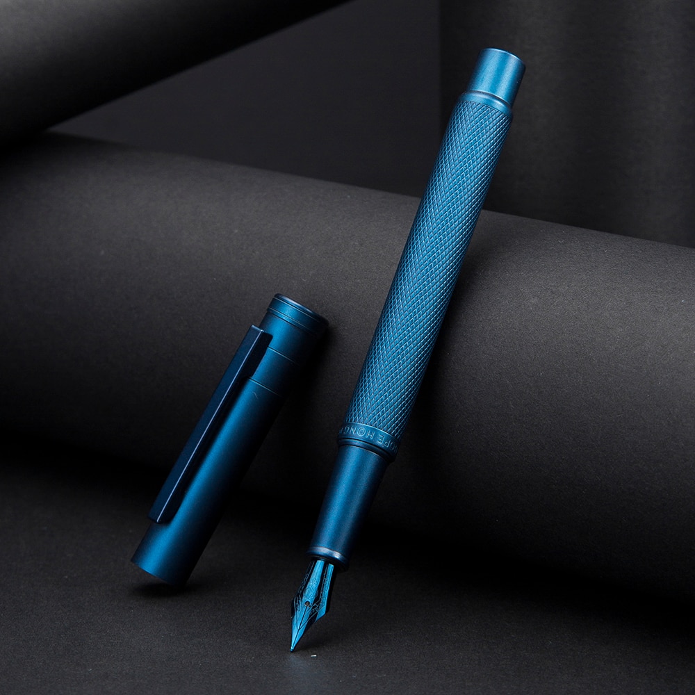 Pluma estilográfica de Metal de bosque azul oscuro Hongdian, plumín azul EF/F/Bent, textura de árbol hermoso, excelente escritura, bolígrafo de oficina de negocios, novedad