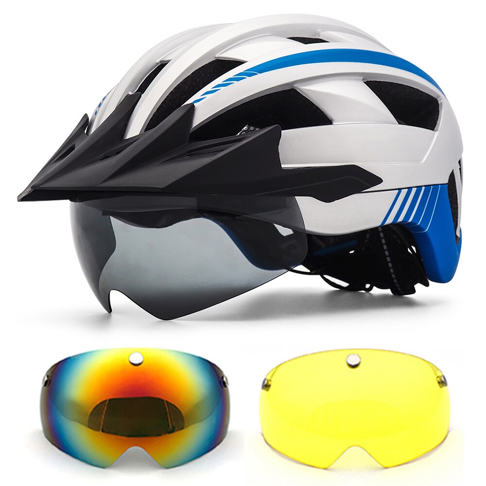 MTB Cycling Helmet XC Off-road Road Mountain Bike Bicycle Helmets With Sun Visor and Goggles for Men women Cycling sports helmet: White blue-2