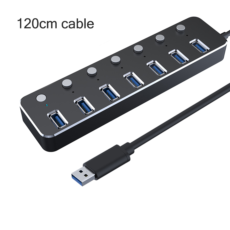 Aluminium 7-Port Usb 3.0 Hub 60/120Cm Kabel Sub-Schakelaar 5Gbps Led Indicator hub Oplaadbare Splitter Voor Multi Usb Apparaten: Black 120cm