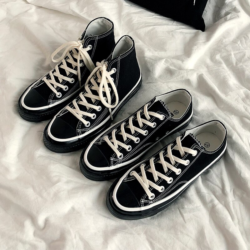 Klassiske solide sorte unisex lærredssko forår high-top udendørs afslappet sneakers behageligt åndbart fodtøj 35-44