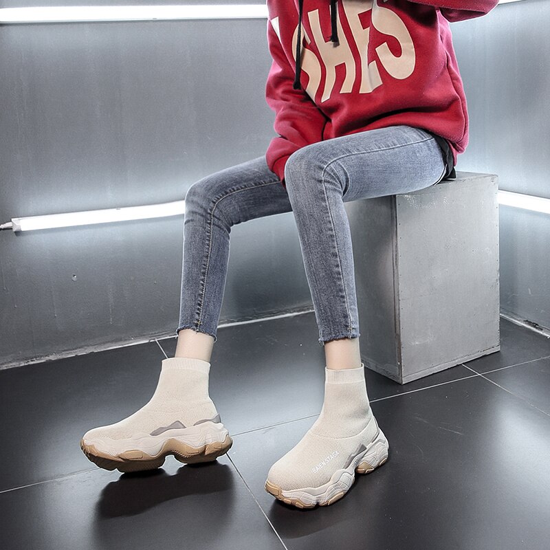 Kvinder høje strømpesko chunky sneakers slip-on dame platform fritidssko kvinde støvler hvide efterår kvinder sko