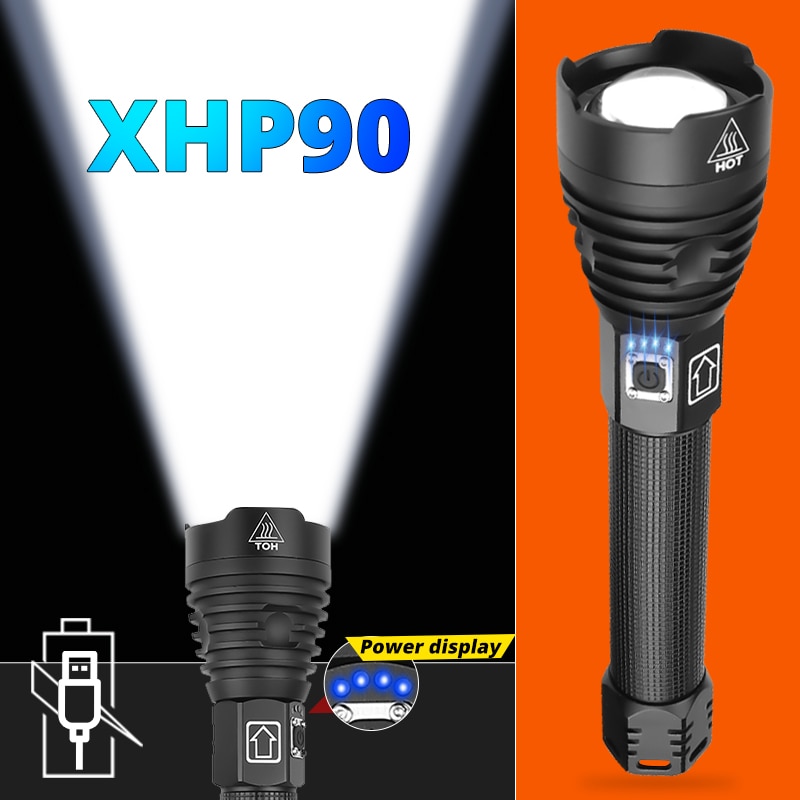 Linterna LED xlampara XHP70.2 XHP90 de gran potencia, linterna LED con USB XHP50, linterna táctica con Zoom, batería recargable de 18650 26650