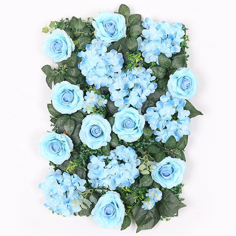 40*60cm silk white rose Hydrangea flower wall with green leaf artificial flowers wedding party background decoration: blue1