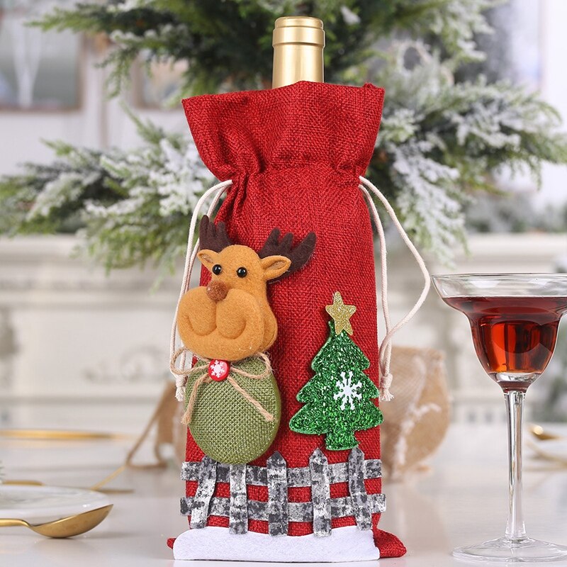 3Pc Kerst Rode Wijn Fles Covers Bag Linnen Champagne Fles Cover Kerst Decoraties Voor Huis