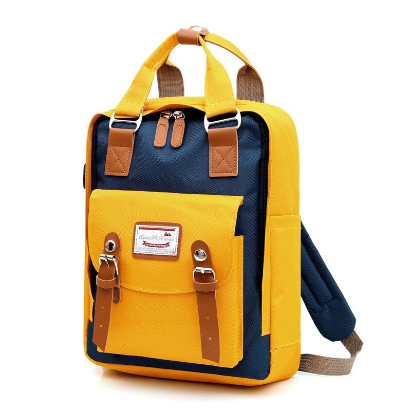 USB Backpack Women Shoulder Bag Female Laptop Backpacks For School Teenagers Girl Preppy Style Student Travel Backpack: Yellow And Blue