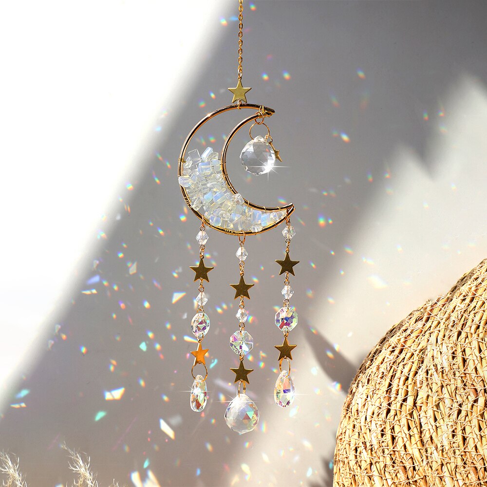 Atrapamoscas de Metal para decoración de pared, Prisma de bola de cristal, Luna, artesanía de arcoíris para ventana de coche, cristales colgantes para jardín: suncatcher MS061