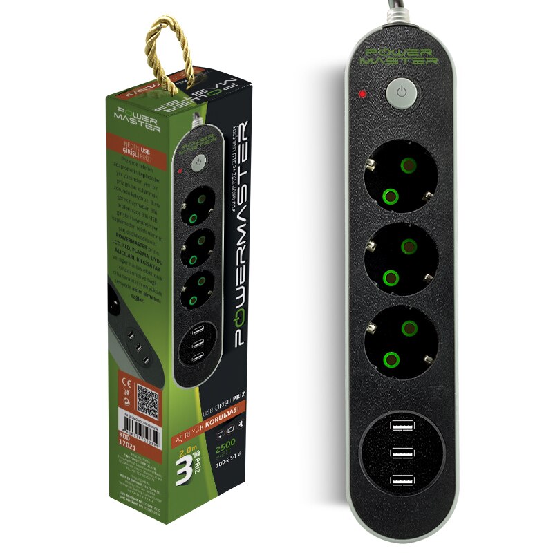 POWERMASTER PM-17021 3 USB uscita pc SET 2 metri cablato corrente protetta prbeyz 10A-2500 WATT