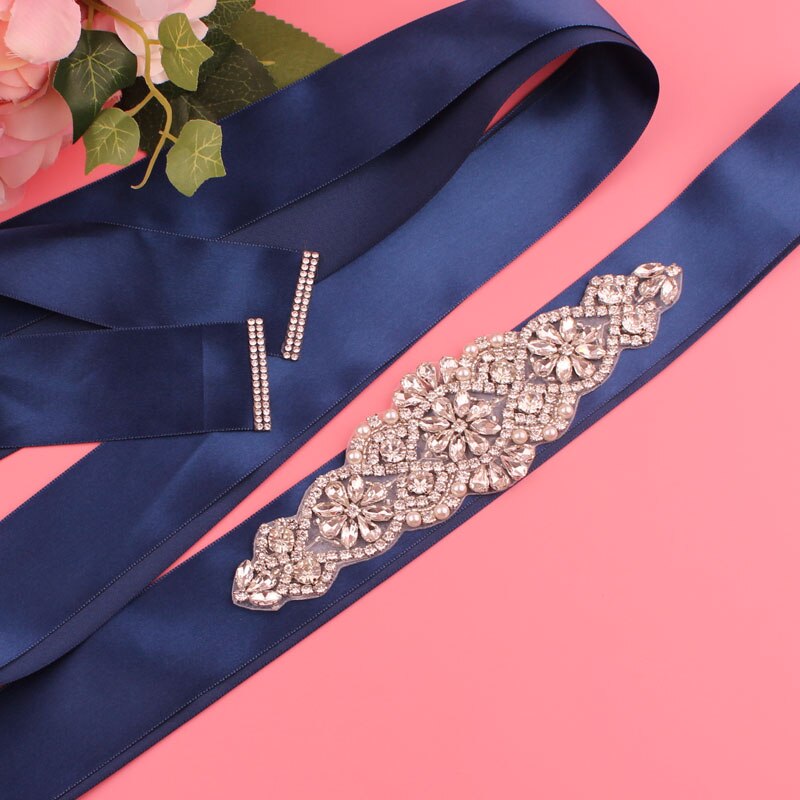 Trouwriem, kristallen bruidsriem, zilveren strass-satijnen bruidsriem voor bruiloftsaccessoires: Donkerblauw