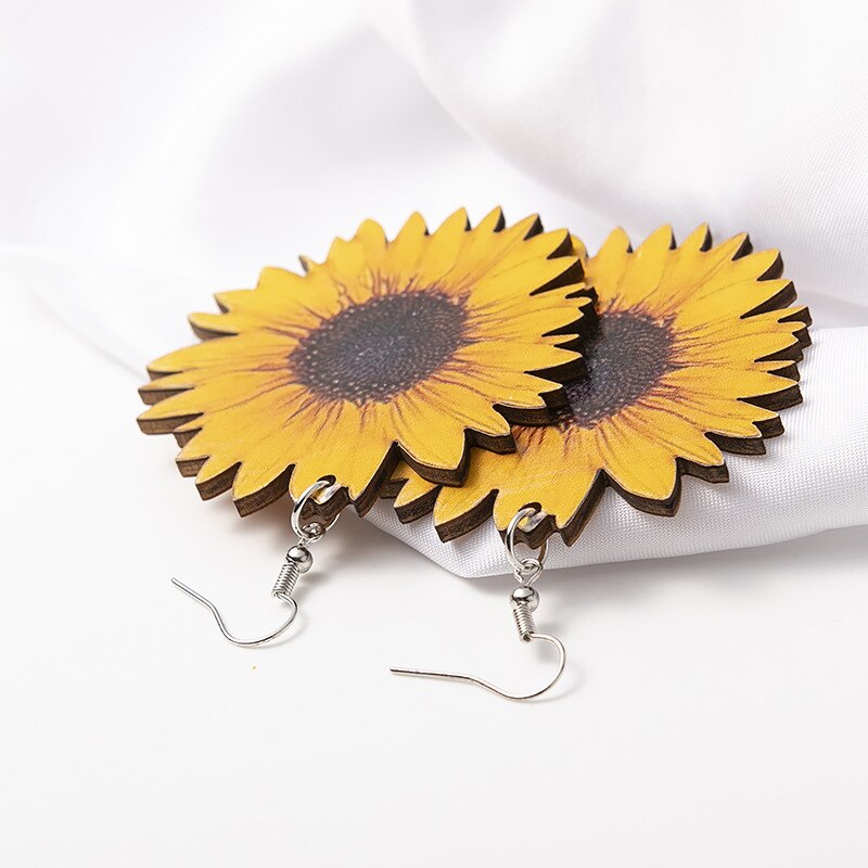 Hout Zonnebloem Oorbellen Voor Vrouwen Geel Grote Daisy Zonnebloem Verklaring Earring Mode-sieraden Beste Vriend