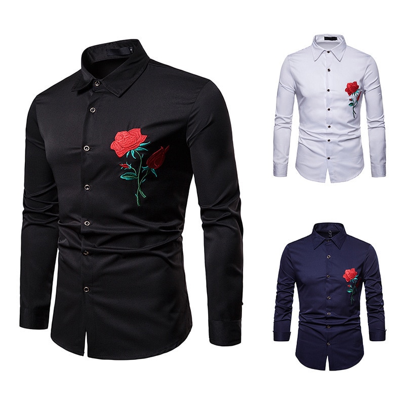 PYJTRL homme Rose broderie chemise à manches longues