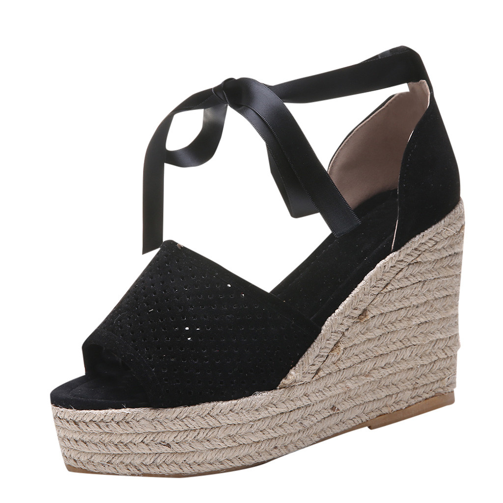 Summer Women's Roman Wedge Sandals Fish Mouth Platform Cross-Strap Straw Wedges Shoes Trend Women Sandals Shoes High: Black / 36