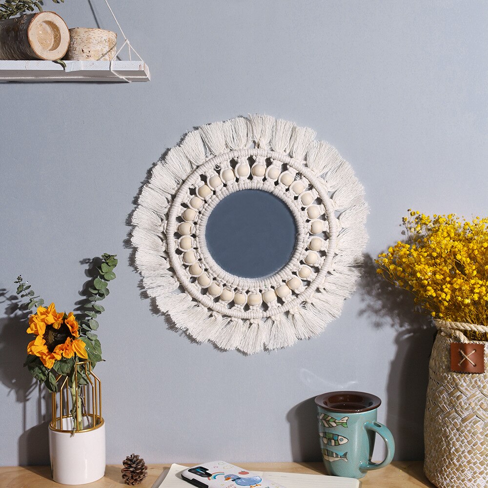 Espejo de pared colgante con flecos de macramé, redondo, bohemio, decoración artística para apartamento, sala de estar, dormitorio de bebé, guardería, entrada: 03