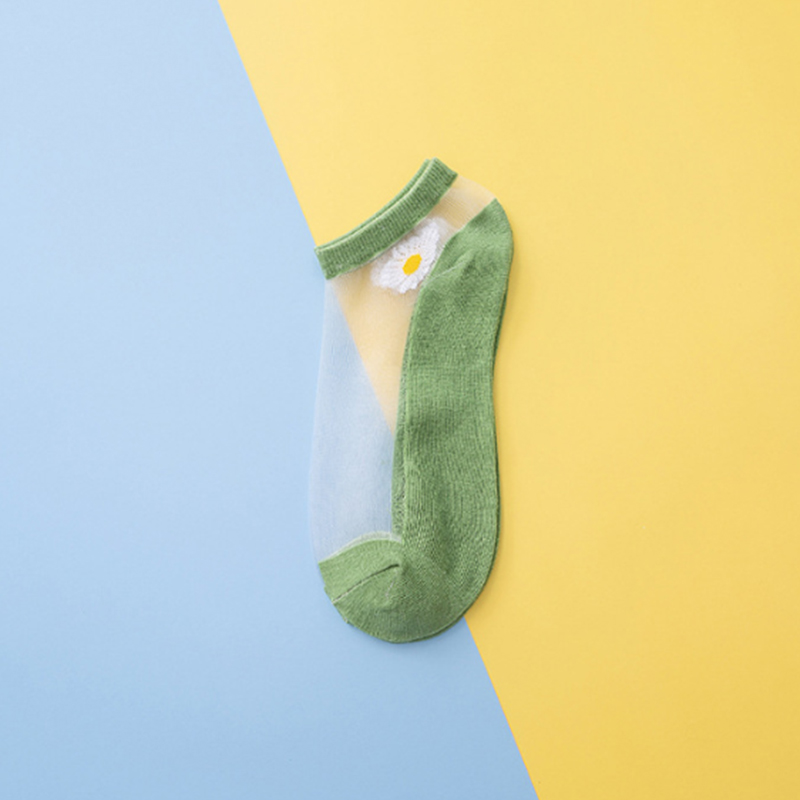 9 Colors Daisy Ultrathin Ankle Sock Women Transparent Breathable Comfortable Elastic Sweat Absorbent Candy Sock: Dark Green