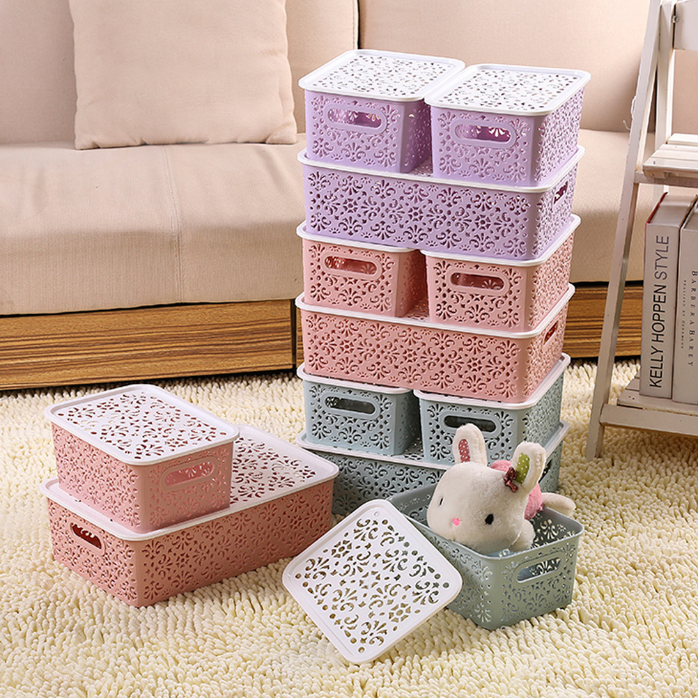 Caja de almacenamiento de plástico, contenedor de almacenamiento apilable, cesta de almacenamiento delicada hueca con tapa para ropa, juguete, suministros para el hogar