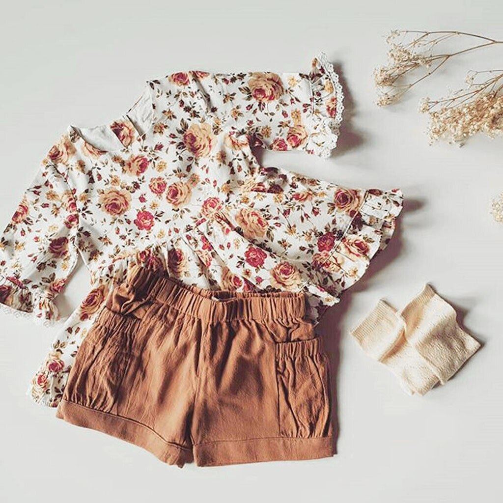 Peuter Baby Meisjes outfits Drie Kwart Ruches Bloemenprint Jurk + Solid Shorts babygirl kleding vetement bebe fille naissance