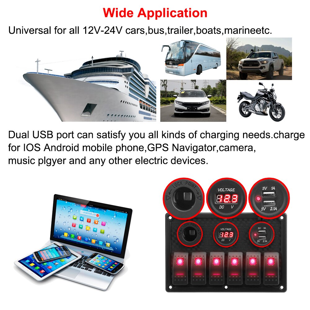 Pannello Interruttori A Bilanciere 5 Gang Con Voltmetro LED E USB - Per Camper, Moto, Barca 12V-24V - 2