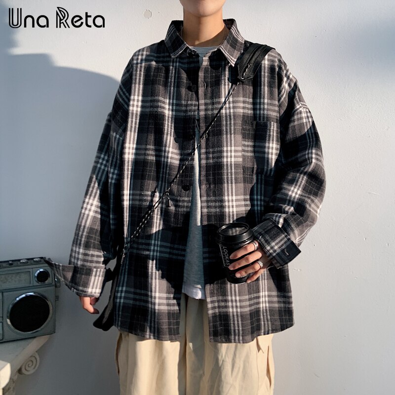 Una Reta Men Shirts Spring Hip hop Black gray grid Shirt Men Clothing Long Sleeve Plus Size Harajuku Casual Shirts Man: Asian 5XL