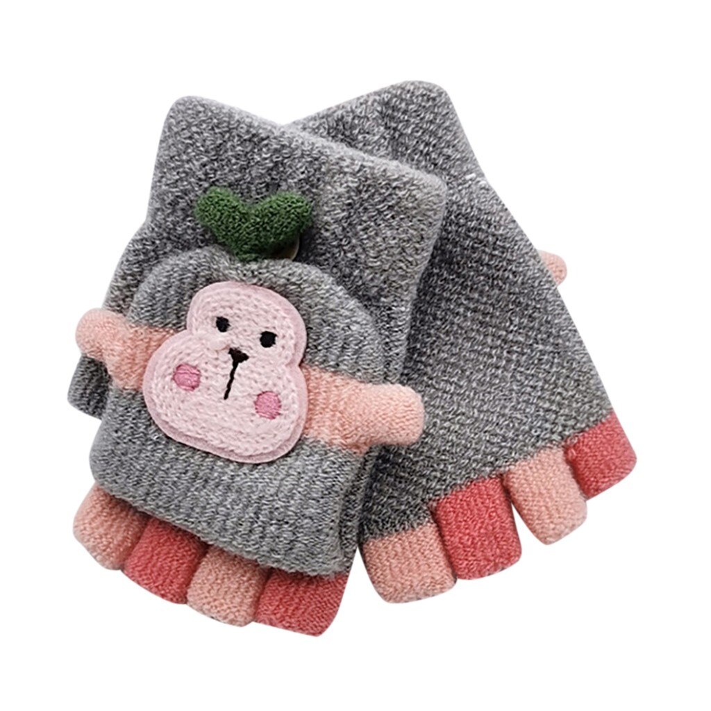 Winter Mittens Gloves Children Girls Winter Cute Cartoon Mittens Gloves Girls Knitted Convertible Fingerless Mittens Gloves: B2