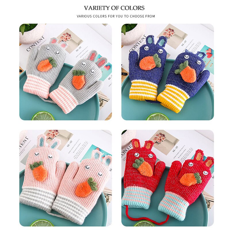 Cartoon Bunny Warme Baby Handschuhe Winter Kinder Kleinkind Baby Fäustlinge gestrickte Dicke Mädchen Jungen Nette Karotte Volle Finger Handschuhe