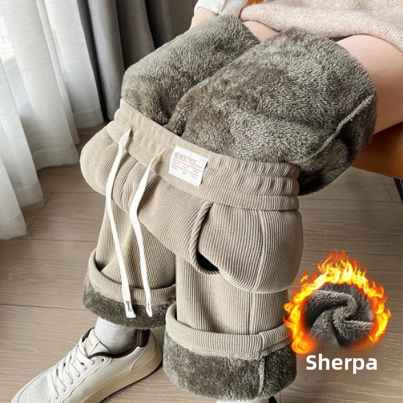 Pantalones de pierna ancha de lana gruesa para mujer, pantalones de algodón de corte recto, pantalones largos cálidos y cómodos a la para otoño e invierno: 4XL / Negro