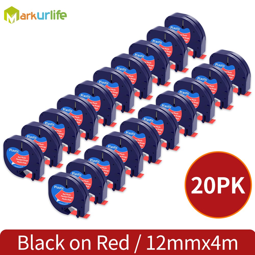 20PCS 91330 LT Label Tape 12mm*4m Compatible For Dymo Letratag Plastic 91200 91331 91201 12267 18769 18771 For LT-100H LT-100T: 20p Black on Red