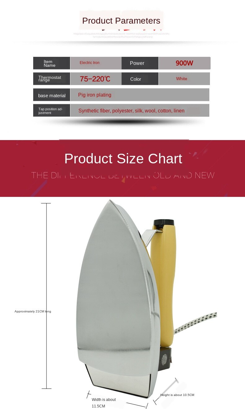 Lndustrial Electric Iron 80-180 degree stainless steel soleplate with 2.4m cable 900W220V