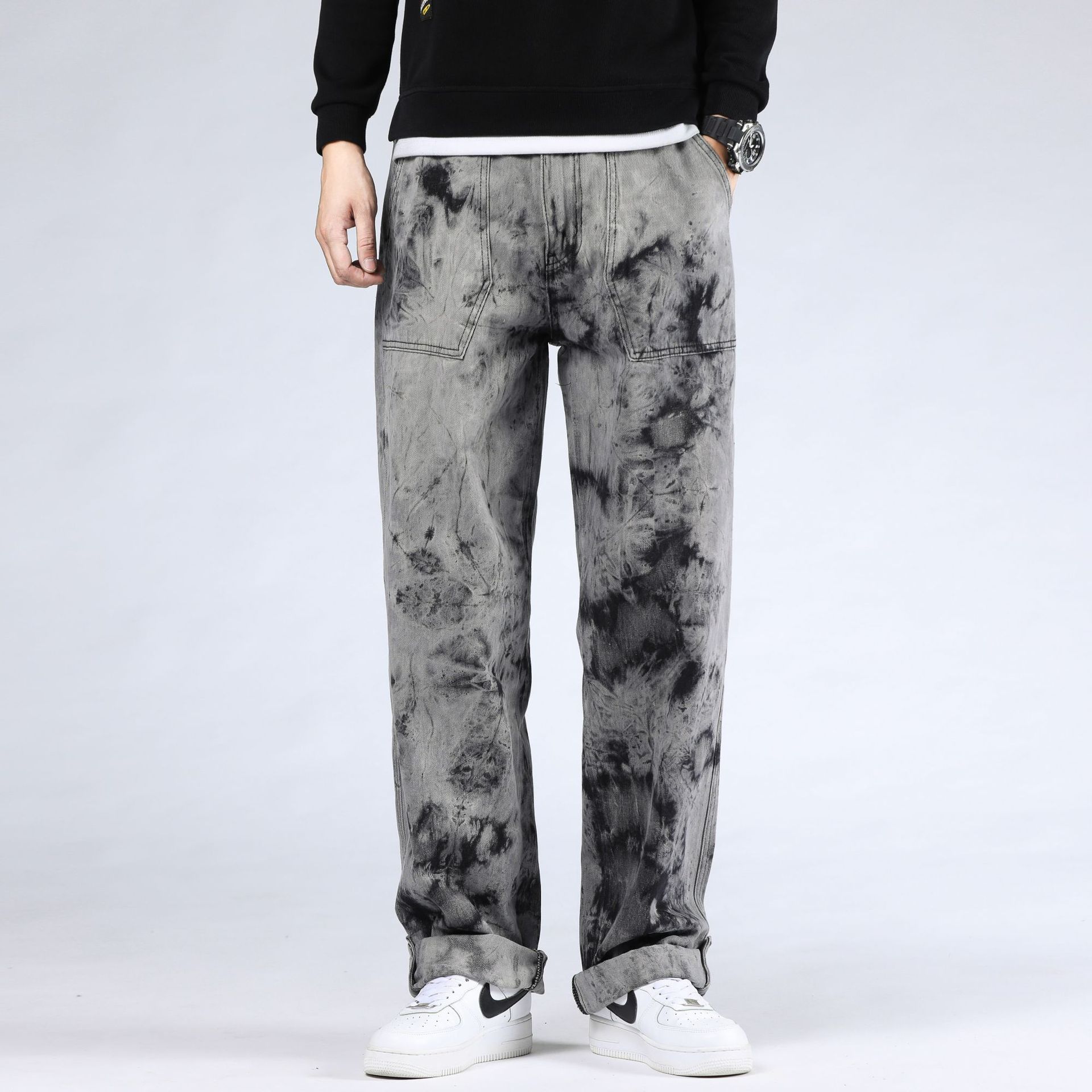 Men Jeans Casual Loose Straight Denim Pants Tie Dye Print Sky Blue Long Trouser Straight mens Jeans: 32
