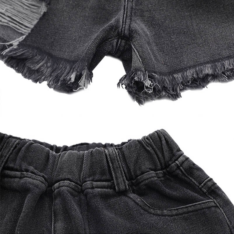 Flickor hål korta jeans barn casual lösa byxor barn sommar shorts för tjej svart tofs jeans fickshorts tjej 3-12y