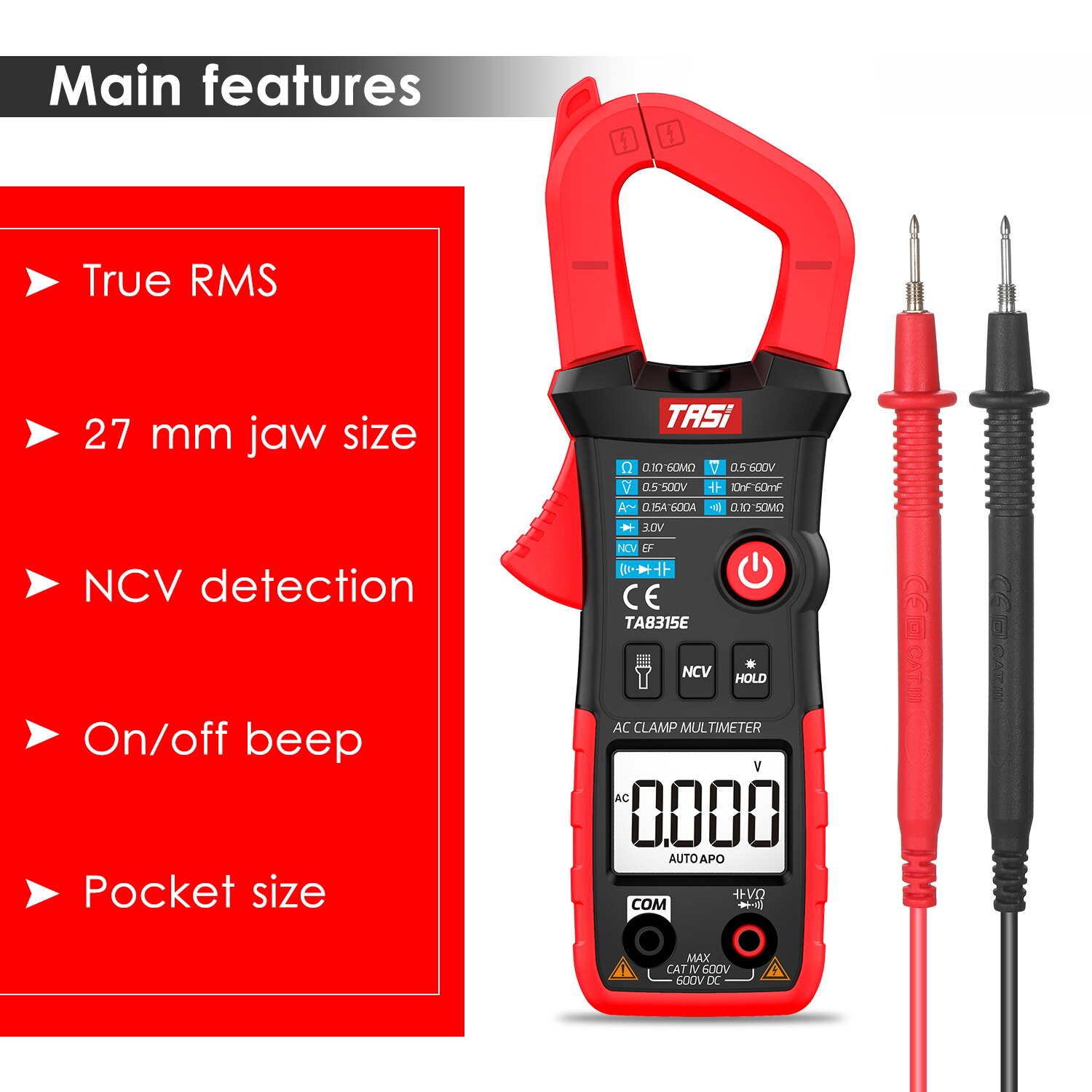 TASI TA8315A Digital Clamp Meter Multimeter Tester True RMS Multimeter Tester OHM NCV DC/AC Voltage Meter