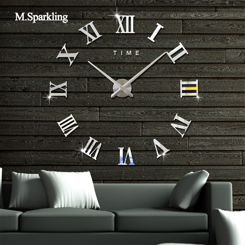Digital wall clock Roman numerals 3D large round wall clock DIY self adhesive living room clocks for home