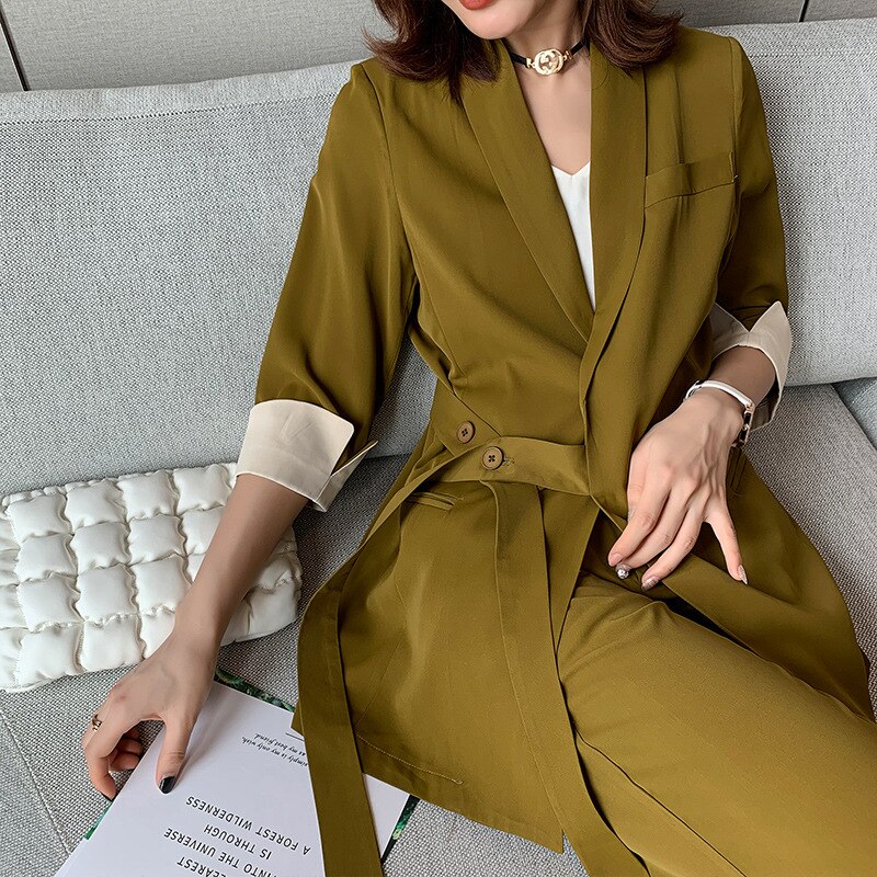 Summer Spring Women Lace Up Pant Suit Notched Blazer Jacket & Wide Leg Pant Office Wear Suits Female Sets Plus Size 5XL