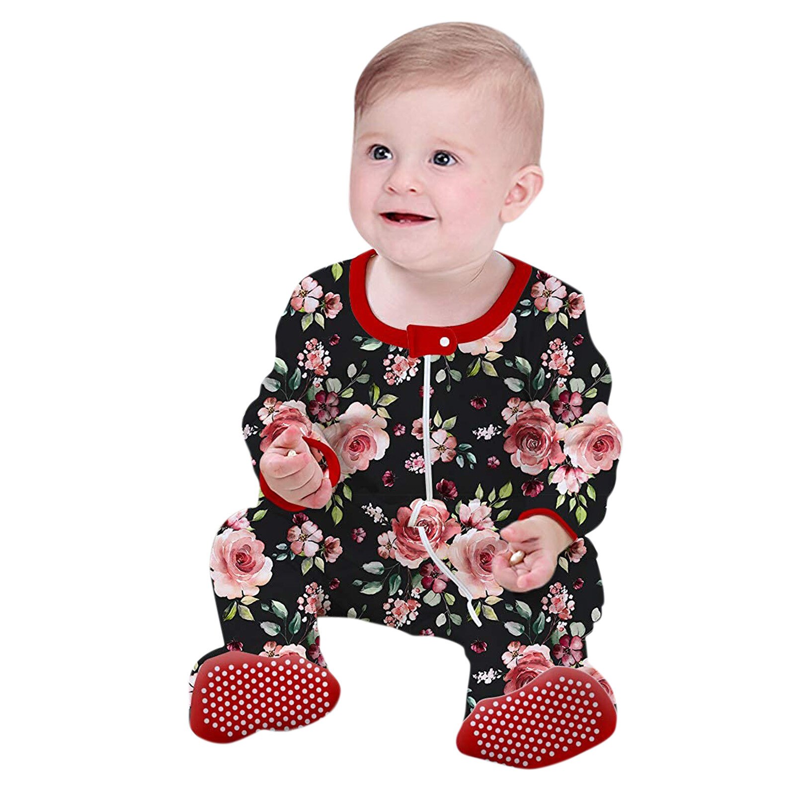 Baby Romper Baby Baby Jongens Meisjes Winter Bloemenprint Pyjama Rits Lange Mouwen Katoen Bodysuit Baby Items Romper: 100