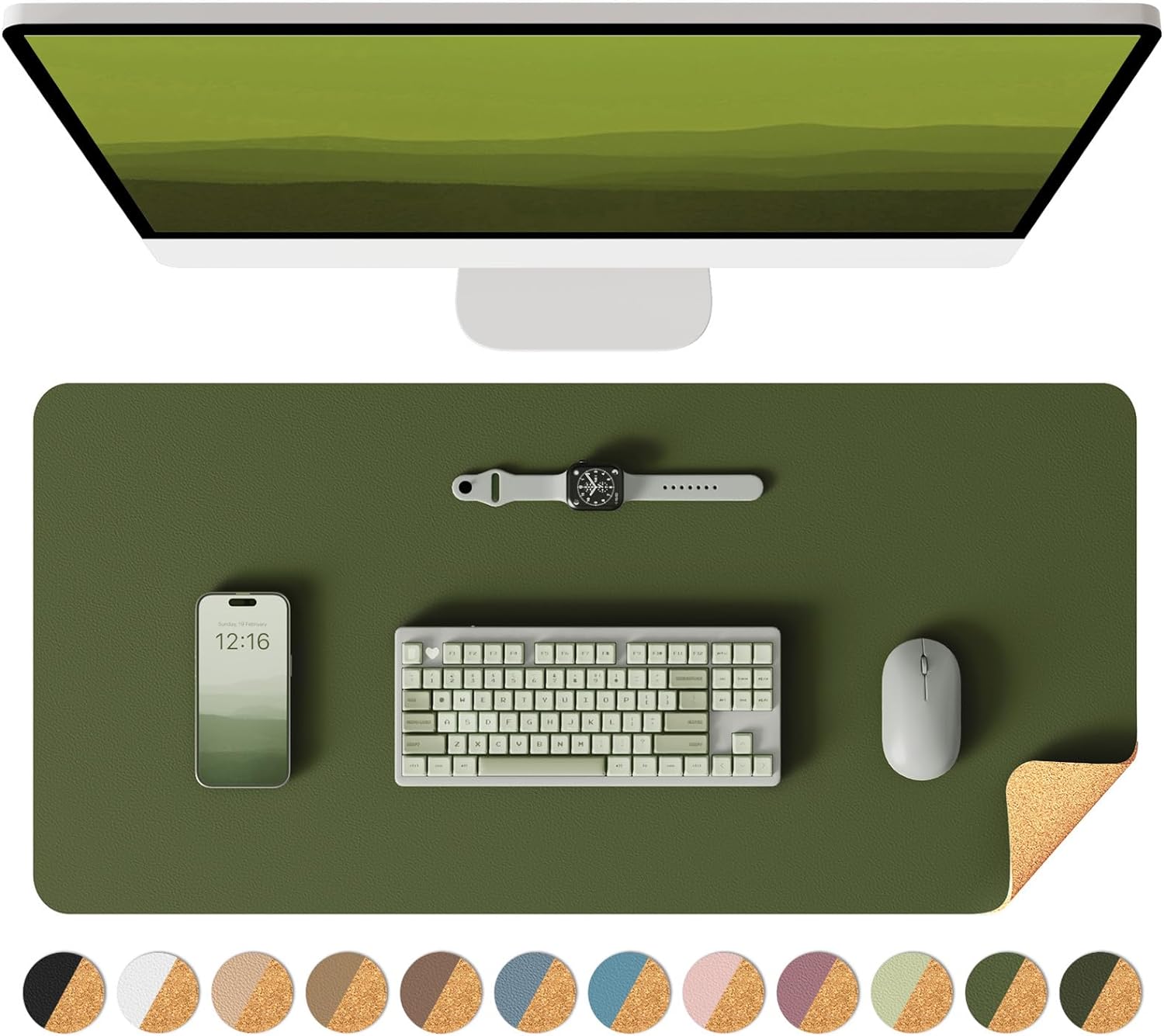 Dubbelzijdig bureauonderlegger, lederen bureaumat, eco kurk bureauonderlegger, grote muismat, waterdichte bureaulipotter voor kantoor/thuis: 80x40 cm / Donkergroen