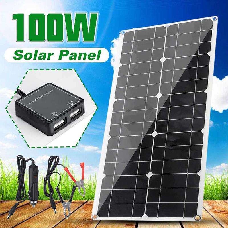 Batería de Panel Solar Flexible USB Dual 100W 18V 30A PWM y Clip para el conjunto del coche, cargador de cocodrilo de viaje para exteriores con Cha para ciclismo S0V1