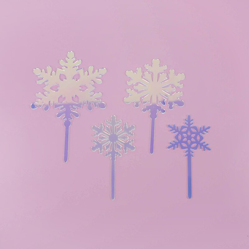 4 stuks/set mix acryl sneeuwvlok taarttopper verjaardagsfeest cupcake topper voor jaar kerstdecoratie taartdecoratie: Laser met stok