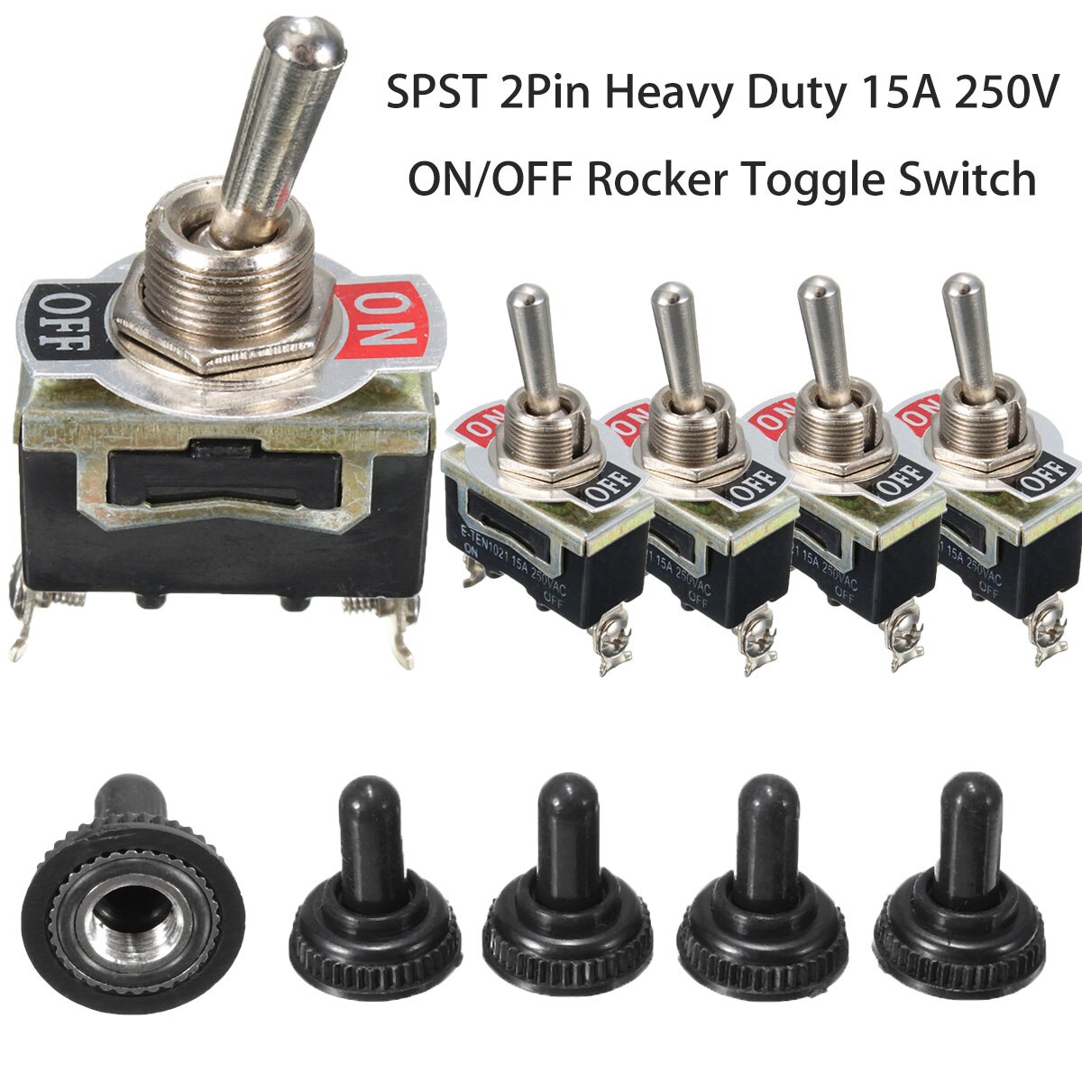 5Pcs ON/OFF Rocker Toggle Switch 2Pin Heavy SPST 15A 250V Waterproof Boot Switch Control On/Off Toggle Switch Rocker Switch Tool