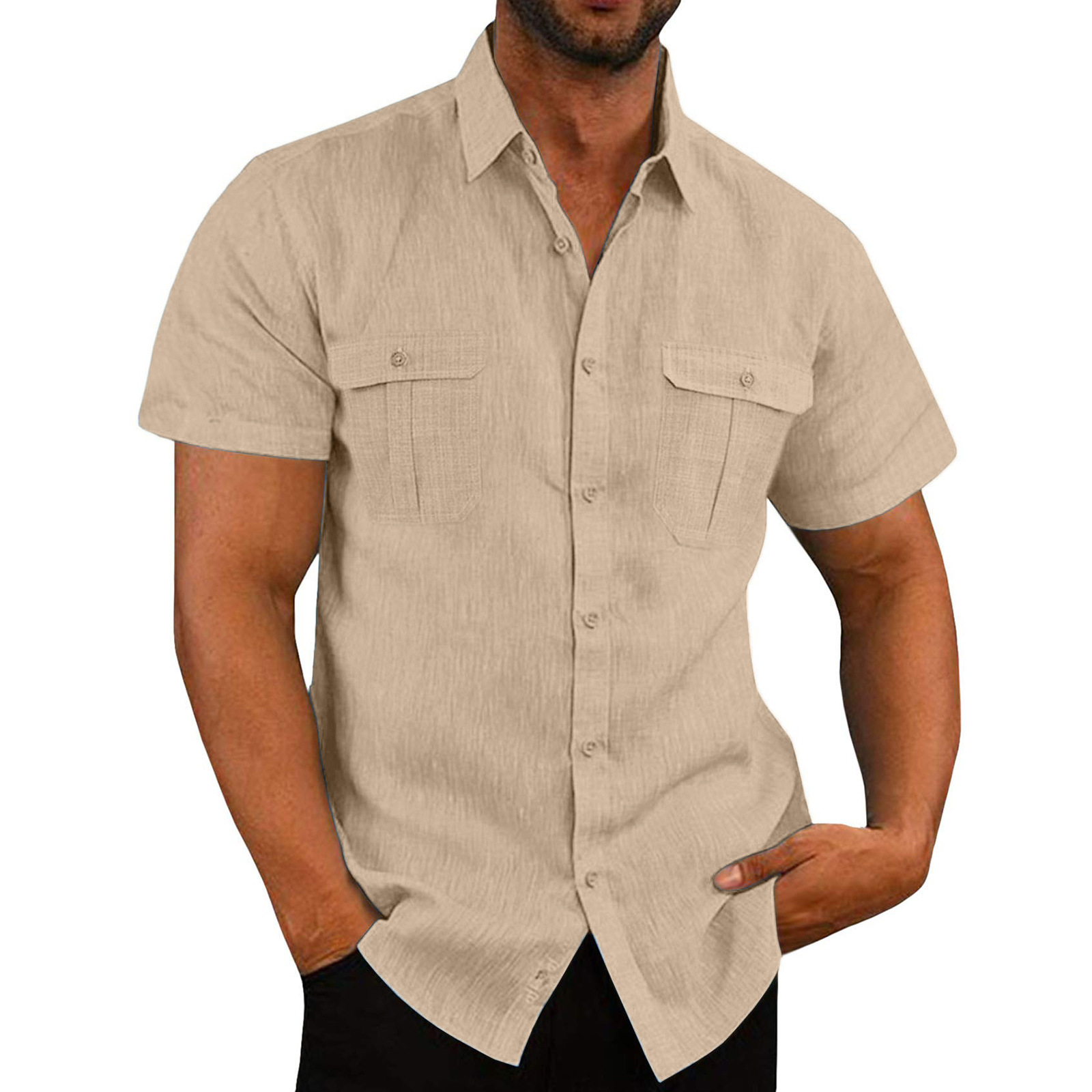 Katoen Linnen Mannen Korte Mouwen Shirts Zomer Effen Kleur Opstaande Kraag Casual Strand Stijl Plus Size mannelijke Shirts M-5XL: L / Bruin