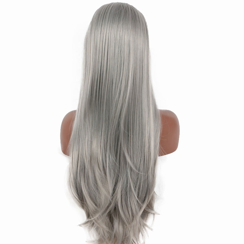 Siver gris largo recto sintético 13*3 peluca frontal de encaje resistente al calor de fibra Natural línea de pelo libre de separación para las mujeres negras pelucas