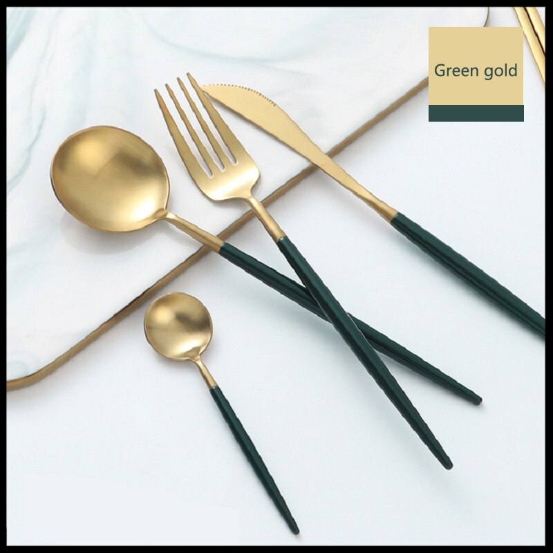 Fabrik 4 stk grøn guld bestik sæt smukt titanium service 18/10 rustfrit stål til køkken service spisebord sæt