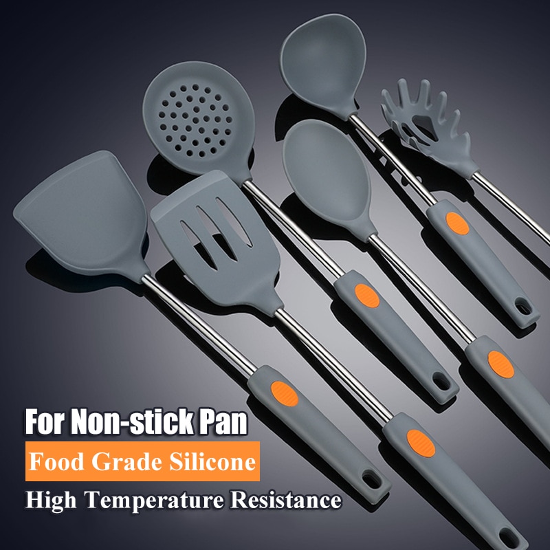 Food Grade Non-stick Silicone Stainless Steel Spatula Spoon Colander Kitchen Utensils Set High Heat Resistant Healthy for Home