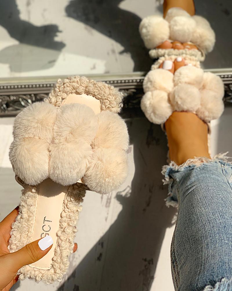 Villus fluffiga lediga platta sandaler bekväma tofflor med öppen tå för hem färgglada luddiga söta skor: Beige / 6