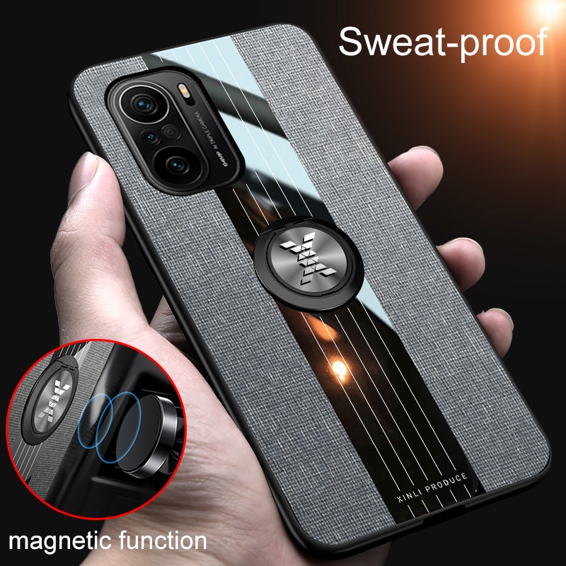 MAKAVO – coque de téléphone pour Xiaomi Poco F3, avec anneau, tissu rigide, cadre souple, Texture