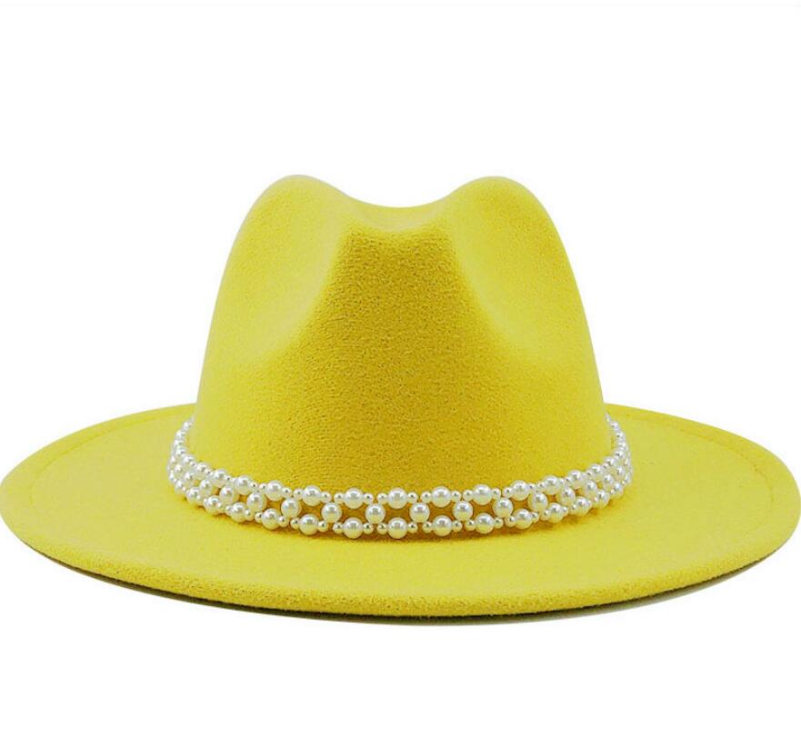 Women Wool Fedora Hat with Imitation Pearl Ribbon Gentleman Lady Winter Autumn Wide Brim Church Girl Jazz Cap