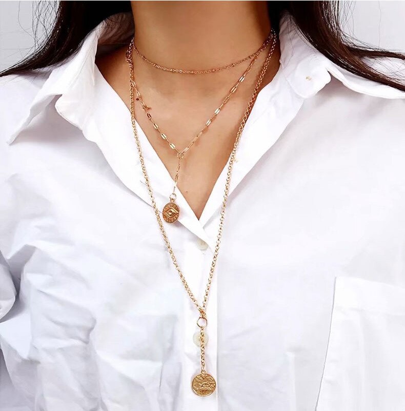 Boheemse vinger olifant ketting vrouwelijke antieke blad walvisstaart hanger ketting meerlaagse kraag ketting: Zilveren medaille