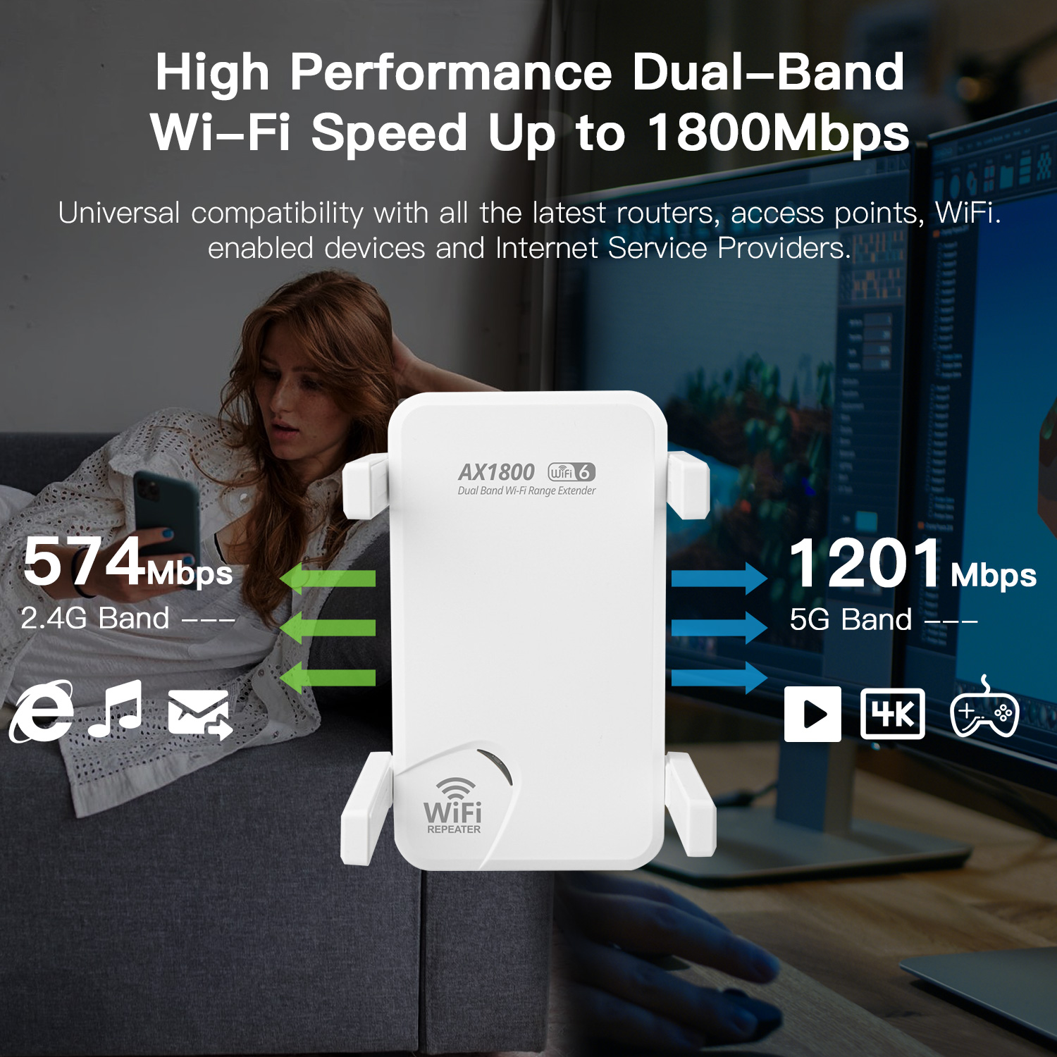 FENVI WiFi 6 AX1800 Gigabit Repetidor Dual Band 2.4G/5Ghz Amplificador de sinal 1800M Gigabit Repetidor sem fio para cobertura de rede