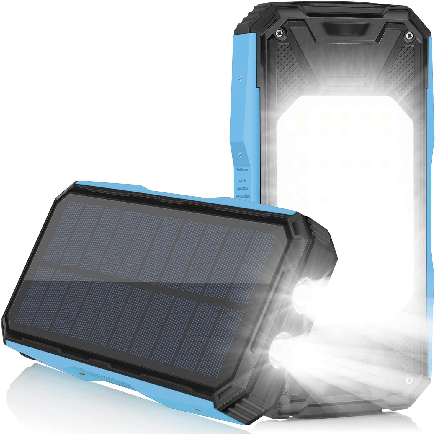 Solar Charger 26800mAh PD Portable Power Bank 5 Panels 7.5W High Efficiency With Ultra Bright 60-LED Panel Light and Flashlight: Blue