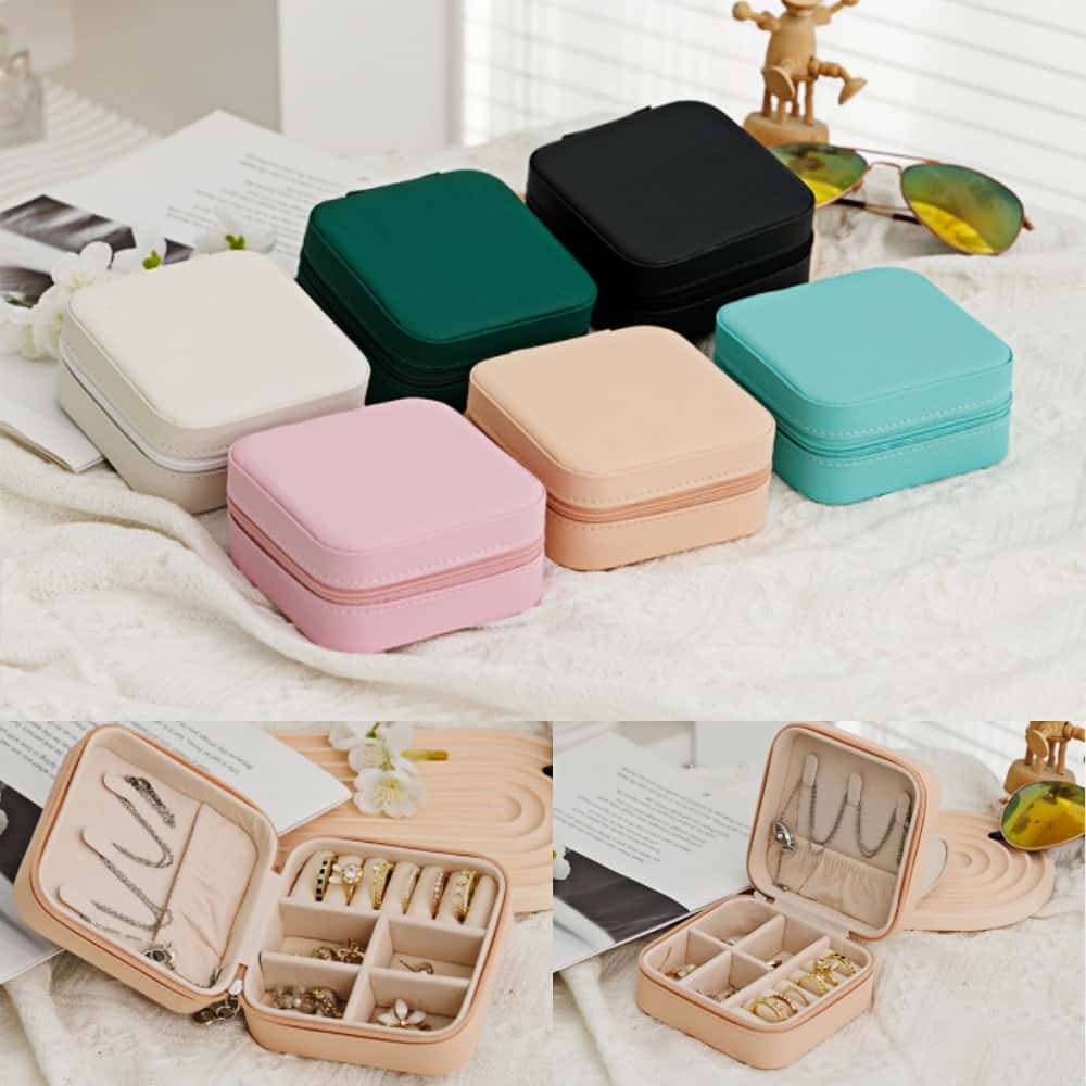 Boîte à bijoux carrée, boîte de rangement de bijoux portable, boîte de rangement portable pour bagues, boucles d'oreilles, colliers (plusieurs couleurs)