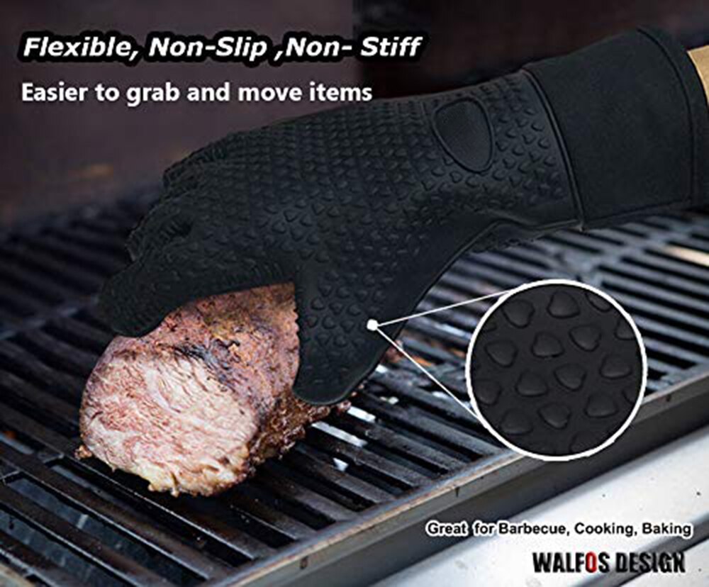 WALFOS long silicone kitchen glove-BBQ grill glove heat resistant cooking glove for grilling microwave oven mitts glove